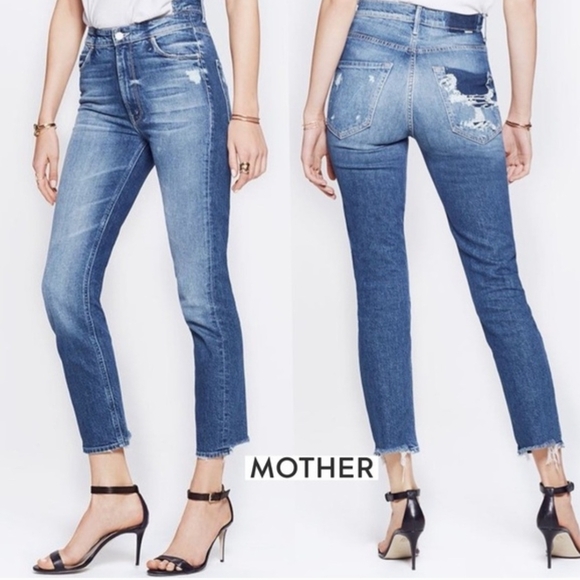 MOTHER Denim - High Rise MOTHER The Dazzler Shift Distressed Skinny Jeans Medium Wash Raw Hem